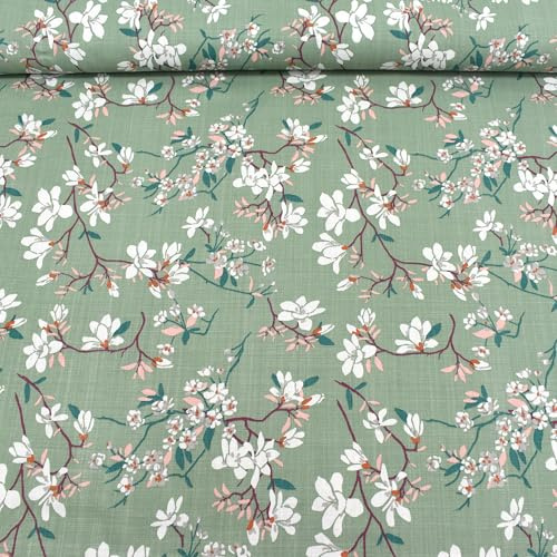 MAGAM-Stoffe Blumen Baumwollstoff aus Frankreich OEKO-TEX Meterware ab 50cm (Athen grün | 160g/160cm)