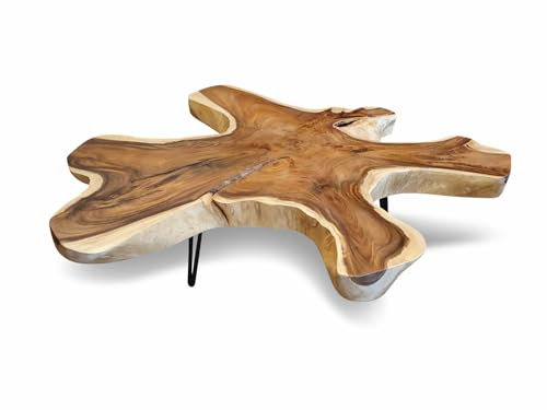 Kinaree Couchtisch LAEM PHO - Wohnzimmertisch mit Baumscheibe in verschiedenen Größen als Tischplatte aus massiver Akazie mit Baumkante in rustikaler Optik (Ø 150-160 cm)