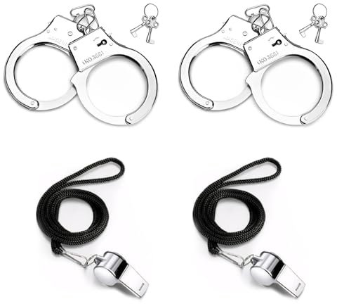 2 Stück Handschellen Kinder, Handschellen Polizei Echt Stahl Profi Handschellen Kinder Polizei Handschellen Kinder Handcuffs Einstellbar Kommt mit 2 pfeife Geeignet für Räuber und Gendarm Spielen