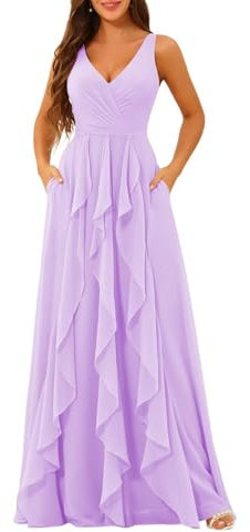 HPPEE Vestidos de dama de honor con cuello en V y volantes para mujer, vestido de noche formal de gasa con bolsillos, Lila, 54 Más