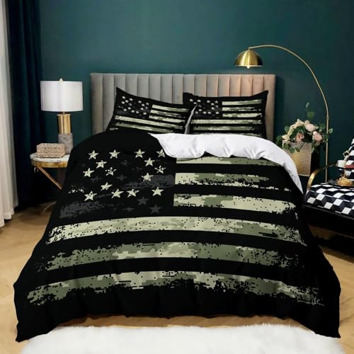 Parure de Lit Vert Armée 240x220 cm Housse de Couette 2 Personnes Drapeau Rayures Géométriques pour Adultes Garçons et Filles, Ensemble de Literie en Microfibre Douce avec 2 Taies d'oreiller 65x65 cm
