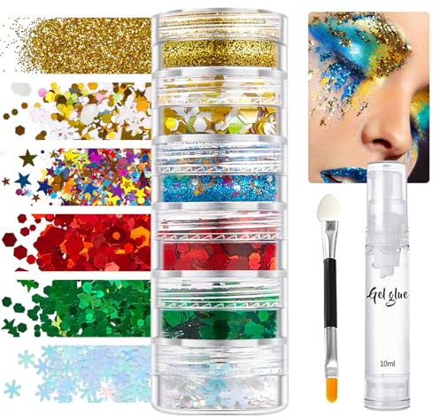 Glitzer Gesicht, 6 Pcs Klein & Chunky Sequin Festival Glitzerpulver Set Mit Glitzerkleber, Festival Glitzer Schminke Zubehör Für Nägel Augen Lippen Haare Körper, Weihnachten Pailletten Set