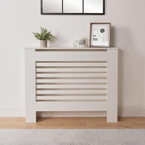 OHS Medium Radiator Cover White, Stylish and Durable Wooden Frame Modern Slatted Design MDF Radiator Cover for Living Room Bedroom or Hallway