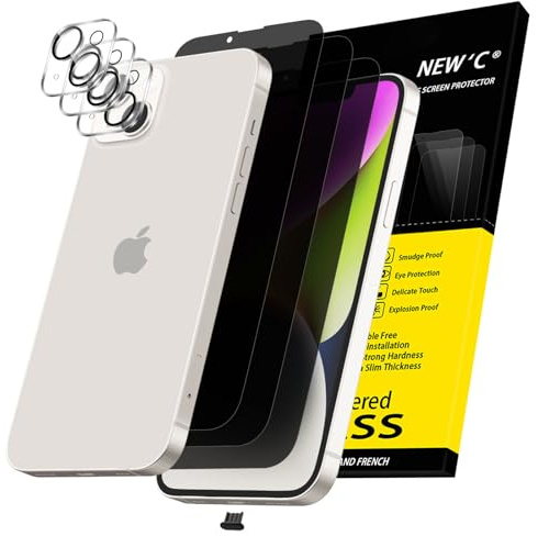 NEW'C 3 x Sichtschutz für iPhone 14 Plus für Panzerglas (6,7 Zoll) und 3 x Kamera Panzer Schutz Glas Kameraschutz + Staubschutzstöpsel -28 Grad verbesserter Sichtwinkel - kratzfest