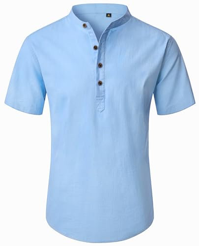 siliteelon Men's Shirts Linen Short Sleeve Henley Shirts for Men Adult Summer Beach Cotton Light Blue Shirt Regular Fit Casual Shirt Summer Beach Tops M