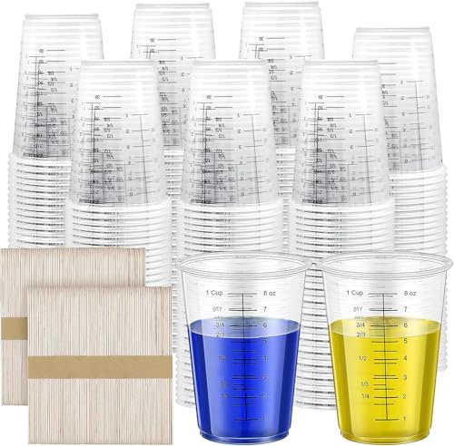 300Pcs Plastic Measuring Cups, 240 ml & 8 oz Epoxy Resin Mixing Cups Clear Paint Mixing Cup Graduated Liquid Cup with 300 Wooden Mixing Sticks for Liquids Mixing Resin Paint Pigment