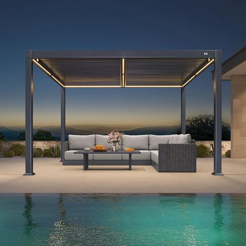 PURPLE LEAF Pergola Bioclimatique Aluminium 3 x 3,65 m avec Bande LED Gris | 3 modes d'éclairage, Pergola, Moments extérieurs prolongés, Lames orientables, Drainage efficace, Montage facile, Cour