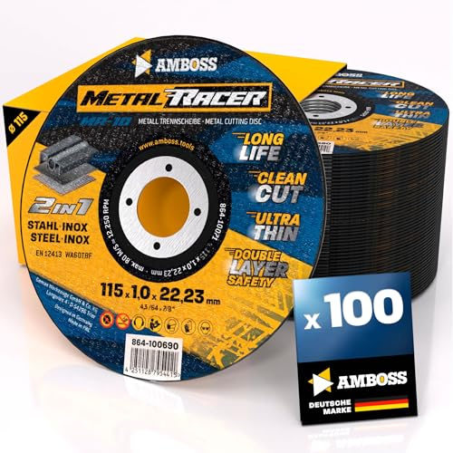 100 dischi da taglio in metallo, Ø 115 x 1 x 22,23 mm, il disco da taglio metallico Metal Racer by AMBOSS Tools è adatto per acciaio e acciaio inossidabile, disco da taglio in acciaio/acciaio inox 115