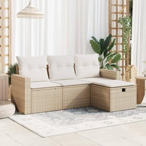 Gecheer 4-TLG. Gartenlounge Rattan, Balkonlounge, Balkonsofa, Gartensofa Set, Loungemöbel, Balkonmöbel, Gartenmöbel, Kissen Beige Poly Rattan- 3325354