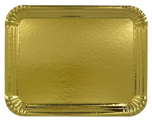 Monouso | 100 Bandeja de Cartón Dorada 24×30 cm | Rectangular Compacta | Resistente al Aceite y Calor | Ideal para Degustaciones y Catering | Pack de 100 Unidades