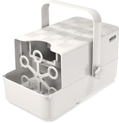 Silva Schneider Seifenblasenmaschine BM 3000 | tragbar, 3000–10000 Blasen/Min, 2–4 m Reichweite, mit 600+ Stickern, kindersicher, inkl. Seifenblasen-Konzentrat, Weiß