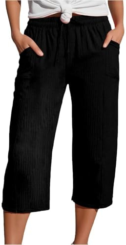 Yolimok Womens Cropped Trousers Elasticated High Waist Relax Fit Cotton Linen Ladies 3/4 Length Straight Wide Leg Trousers Casual Everyday Soft Lightweight Plain Three Quarter Pants Black