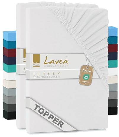 2er Set Lavea® Topper Spannbettlaken - Spannbetttuch Jersey Topper Serie Maya, 90x200cm | 100x200cm, Weiß, 100% Baumwolle, hochwertige Verarbeitung, mit Gummizug