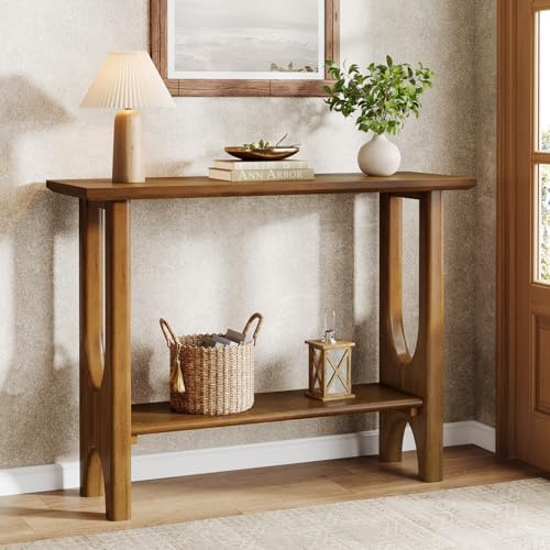 Tribesigns Table d'entrée de 105 cm avec plateau de rangement, console moderne à 2 étages avec pieds en bois massif pour salon, couloir, hall d'entrée, montage facile, bois de noyer clair