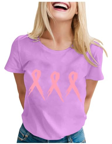 Xiaojiu Octobre Rose Cancer du Sein Battement de Coeur Ruban Femme T-Shirt, Top Rose Fushia Femme Chemise Hawaienne Bleu Tee Shirt Manche Longue Coton T-Shirts Chic Femm
