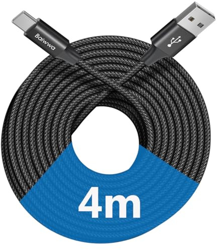 Baiwwa USB C Kabel 4M, Lang USB A auf USB C Ladekabel für PS5 Controller, für Samsung Galaxy S24 S23 S22 S21 S20 S10 S8 S9 Plus, A54 A14 A34 A52 -Schwarz