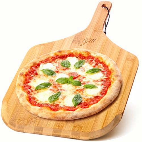 HANS GRILL Wooden Pizza Peel 12 Inch - Bamboo Wood Pizza Peel 12 Inch Paddle For Oven - Restaurant Grade Natural Bamboo Paddle, Multi-use Spatula - Large Wooden Board For Serving and Transferring