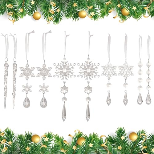 KLINNA 10 Stück Eiszapfen und Schneeflocken Anhänger | Weihnachtsdeko für Christbaum, Transparente Eistropfen als Winterlicher Baumschmuck für einen Funkelnden Weihnachtsbaum