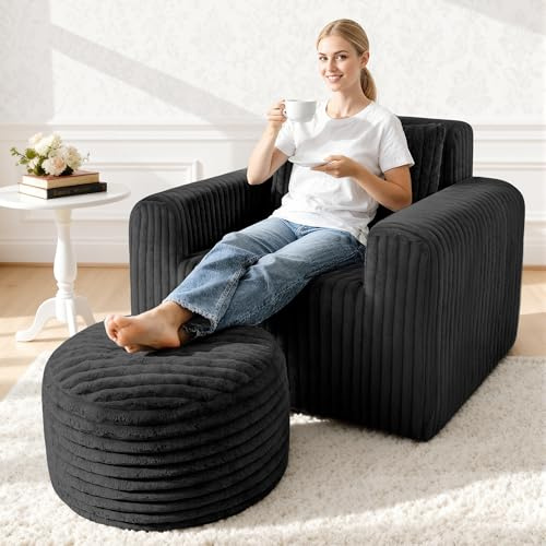 lilanoon Giant Bean Bag Chair for Adults with 3-in-1 Multi-Functional Ottoman, Non-Slip Lounge Chair High Backrest & Wider Armrest, Boneless Chair Memory Foam for Living Room(Stripe Plush, Black)