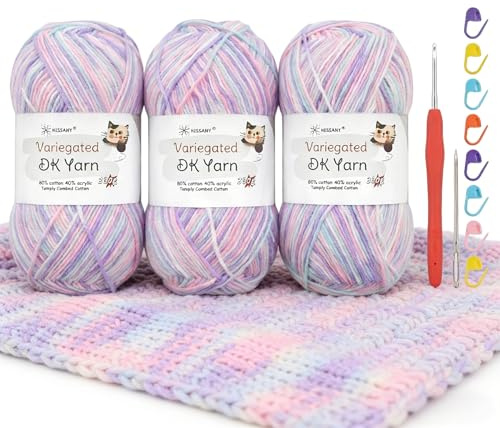 Nissary 300g Häkelgarn,4-Ply Farbverlauf Wolle Zum Häkeln & Stricken, 60% Baumwolle + 40% Acryl, DK Häkelwolle für Anfänger mit 2,5mm Häkelnadel und Zubehör, perfekt für Amigurumi und Handwerk