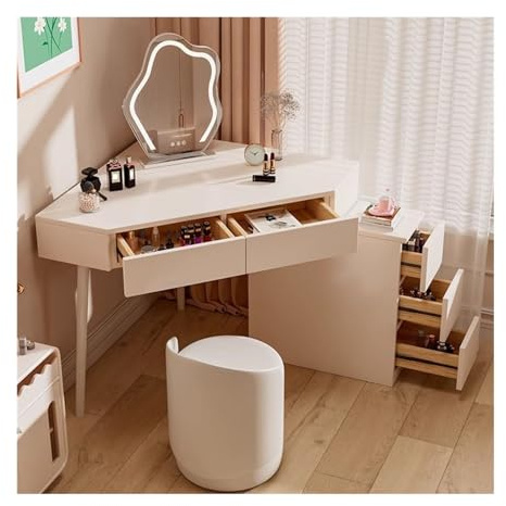 wpenshiDM125 Scrivania per il trucco Vanity Desk moderno, tavolo da toilette ad angolo bianco, scrivania for trucco for piccoli spazi con specchio e 5 cassetti Mobili per camera da letto, toletta(M)