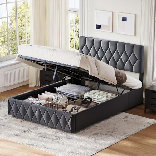 Miyemo King Size Bed Frame with Storage, Ottoman Upholstered Bed Frame with Headboard & Hydraulic, 5ft Velvet King Bed for Adults Teenagers, 150x200cm, Grey, (No Mattress)