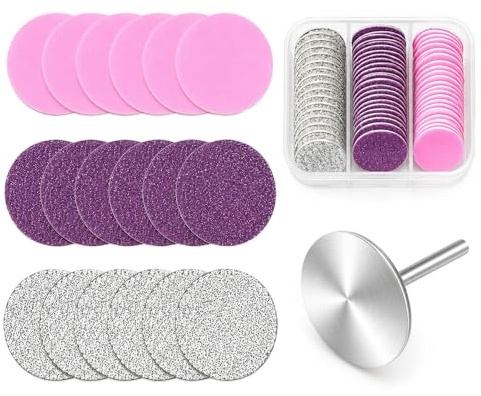 JOVYTH Dischi Abrasivi Pedicure 60Pz Ø25mm + 1 Punta Acciaio, Kit Grana Progressiva 80/120/240 per Lima Elettrica, Rimozione Sicura Calli e Pelle Morta per Cura Domestica