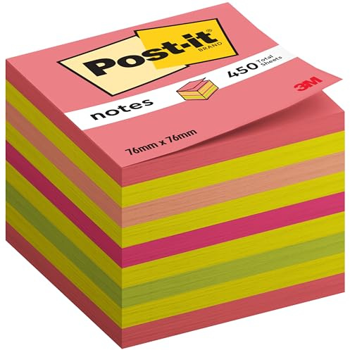 Post-it Notes Würfel, 450 Blatt, 76 mm x 76 mm, Grün, Orange, Pink, Gelb | Selbstklebende Haftnotizen, Praktische Klebezettel für Bürobedarf, Meetings, Erinnerungen, To-Do-Listen und zum Organisieren
