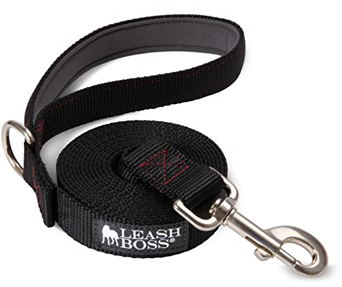 Leash Boss 10 Foot Dog Leash with Padded Handle - Long Leash for Hiking, Camping, Exploring, or Walking (10 Feet, Black/Red/Grey)