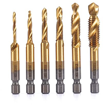 YUET 6 teilig Kombi Gewindebohrer Bit Satz 1/4'' HSS M3-M10 Schraube Sechskantschaft Senker Werkzeuge Bohrer Bit Set Maschinengewindebohrer Drill Bits Satz Edelstahl HSS Bohrersets