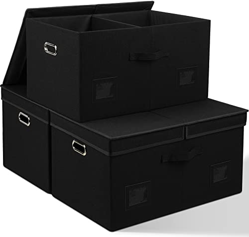 Graciadeco 75 Quarts Extra Large Decorative Storage Bins with Lids, 3 Packs Black Collapsible Storage Bins with Lids, Stackable Storage Bins Decorative Box Storage With Lid Extra Large