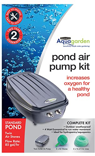 Aquagarden, Pond Air Pump Kit, Outdoor Weather Proof air Pump, Twin Outlet Pond Oxygenator, Inc 2 Air Stones & 2 Air Lines, 85 gal/hr Flow Rate, Economical to Run, for Standard Ponds