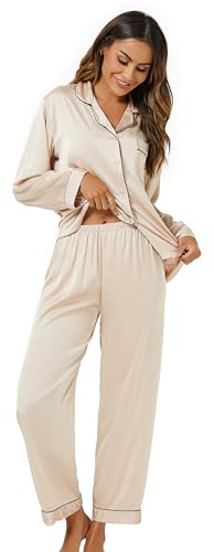 Xuepelit Pigiama Donna Seta Lungo Set con Bottoni a Maniche Lunghe Pigiami Due Pezzi con Revers Pigiama Invernale Pantalone Lunga Loungewear Camicia da Notte，Champagne, XXL