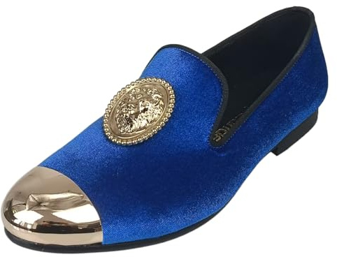 Harpelunde Slip On män klänning bröllop loafer skor keps tå sammet tofflor med lejon emblem, BLÅ, 45.5 EU