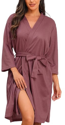 Lovasy Albornoces De Casa Mujer Manga 3/4 Kimono Waffle Albornoz para Mujer Nido Abeja Respirable Ropa De Dormir Con Cinturón Y Bolsillos,Rosa,L