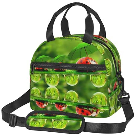 HAHAFU Lunchtasche mit lustigem Marienkäfer-Design, mit Regenschirmen, bedruckt, isoliert, auslaufsicher, mit verstellbarem langem Schultergurt
