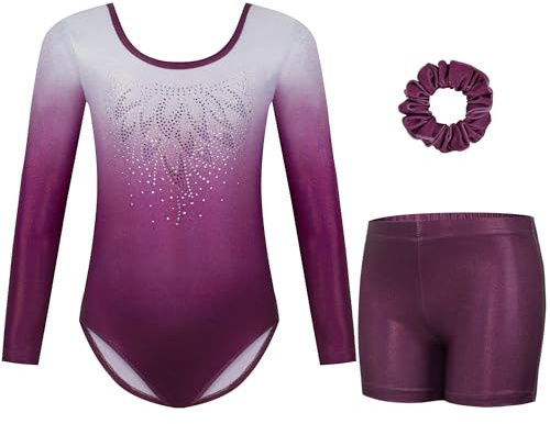 Gogokids Mädchen Dreiteilige Gymnastikanzüge, Langärmliges Gymnastik Set mit Shorts und Haarband, Glitzernde Balletteinheitstrikots - Gymnastik Outfit mit Farbverlaufdesign für 8-9 Jahre