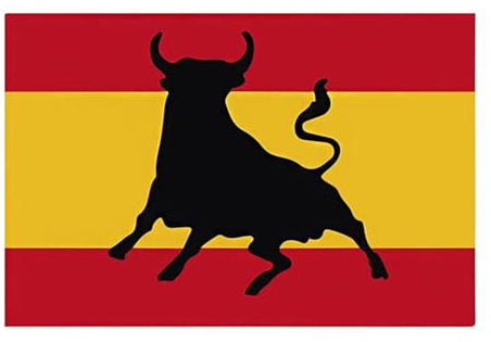 Spanien-Flagge mit Stier, 90 cm x 150 cm, groß, mit Mastschlaufe und Kordeln zum Befestigen, leicht für Sport, Fußball, Veranstaltungen (Spanien Toro)