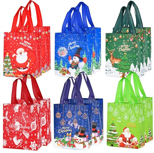HAMOHTE Geschenktüten Weihnachten, 12 Stück Wiederverwendbare Weihnachtstüten mit Griffen, 20x10x25cm Non Woven Weihnachtstasche Weihnachts Geschenktasche, Weihnachtsgeschenktüten für Xmas Geschenk