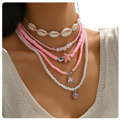 AMateschitz Boho Muschel Choker Halskette Seestern Anhänger Halskette Natürliche Muschel Kette Sommer Strand Muschelkette Ethno Perlenkette Samen Perlen Kette für Fasching Strandparty Rosa