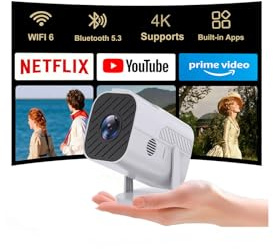 【Inbyggda appar och wifi】projektor med wifi och bluetooth, projektor för sovrum, stöder 4K, bärbar projektor, autotangentsten med HDMI/TV-stick/minnesstick/bärbar dator