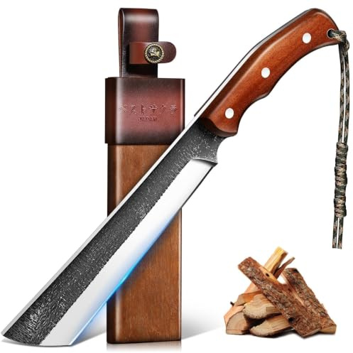 Purple Dragon Machete Outdoor Messer Hochgekohlter Stahl 6 mm Dick Klinge | Full Tang Bushcraft Survivalmesser mit Vintage Holzscheide und Ergonomischem Holzgriff, Geschenk für Männer