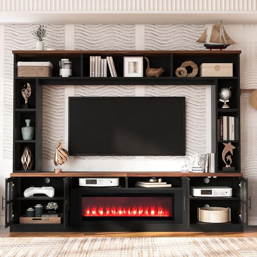 95.5 W Wall Unit Entertainment Center with Bookshelves for TVs up to 80, Modern TV Stand Media Console with electric fireplace Cabinets, and Adjustable Shelves for Living Room (Black+Brown#53)