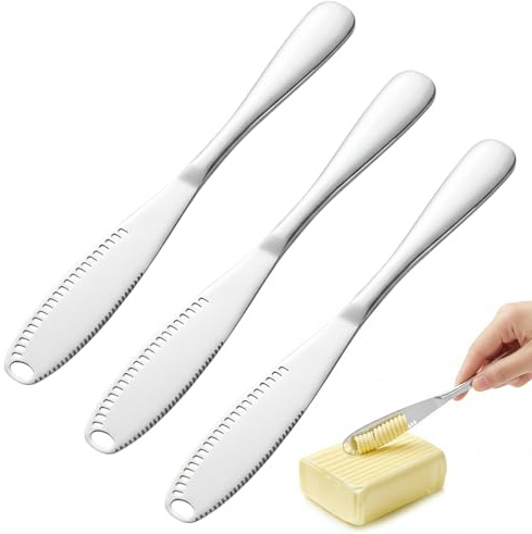 Agvdg 3Pcs Butter Knife 3 In 1 Stainless Steel Cold Butter Curler Spreader with Holes for Cheese Peanut Jam Cream Dishwasher Safe Silver