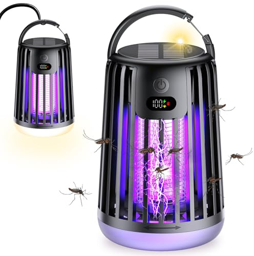 Gkstly Solaire Electrique Lampe Anti Moustique Lampe électrique Anti Insectes Appareil Anti Mouche Rechargeable 360 ° UV Anti Moustique avec Veilleuse LED pour Jardin Camping Interieur et Extérieur