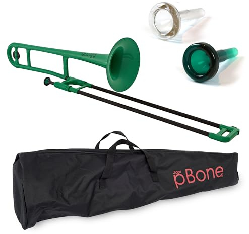 pBone PBONE1G Plastic Trombone with Mouthpiece and Carry Bag - Bb Student Beginner - Green, 14.0 in*38.0 in*11.0 in