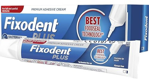 Fixodent Plus Food Barrier - Adhesivo para prótesis, sin sabor, 40 g