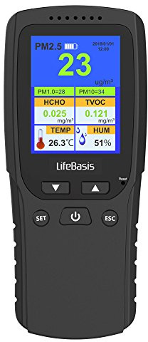 LifeBasis Air Quality Monitor Formaldehyde Detector, Indoor Air Pollution Sensor for HCHO TVOC VOC AQI PM1.0 PM2.5 PM10 Particles Ultrafine Dust, TEMP HUM Real Time Air Tester Kit for Home Office Car
