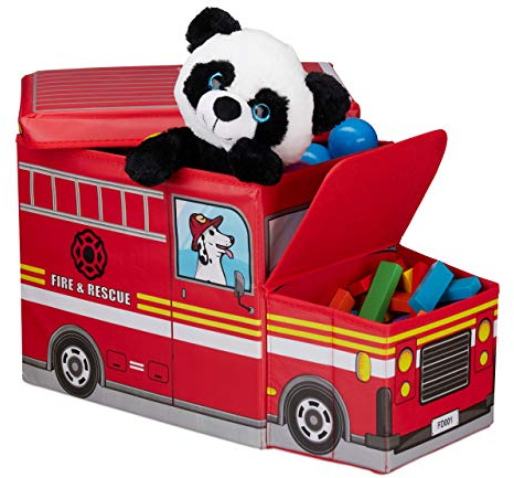 Relaxdays Sitzbox Kinder, Staubox mit Deckel, Spielzeug, faltbar, Feuerwehrauto, Stauraum, Jungen & Mädchen, 50 l, rot, H x B x T: ca. 33 x 27 x 56 cm