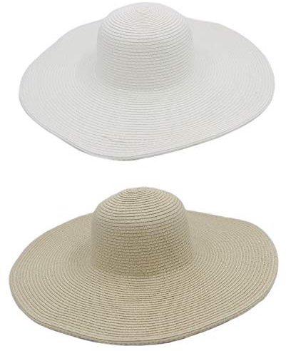 MEISHINE® Damen Groß Sommerhut Faltbare Sonnenhut Strandhut Strohhut Damenhut mit Band (Beige+Weiß)